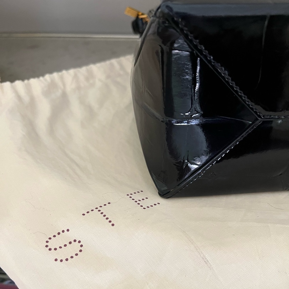 Stella McCartney Black Patent Croc-Embossed Shoulder Bag with Brown Strap - Picture 8 of 12